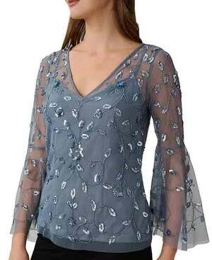 New Adrianna Papell Womens Blue Mesh Blouse Size 4 Embellished Evening Wear
